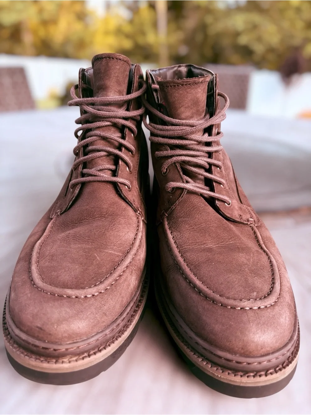 Timberland men's Port Union waterproof 6-inch moc toe boots in a dark brown